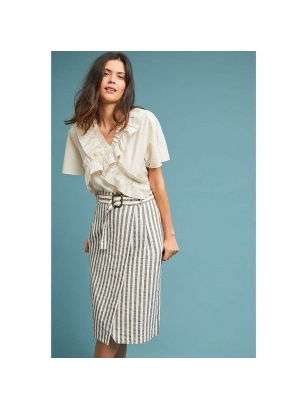 Anthropologie Navy and White Striped Wrap Midi Pencil Skirt. Size 4